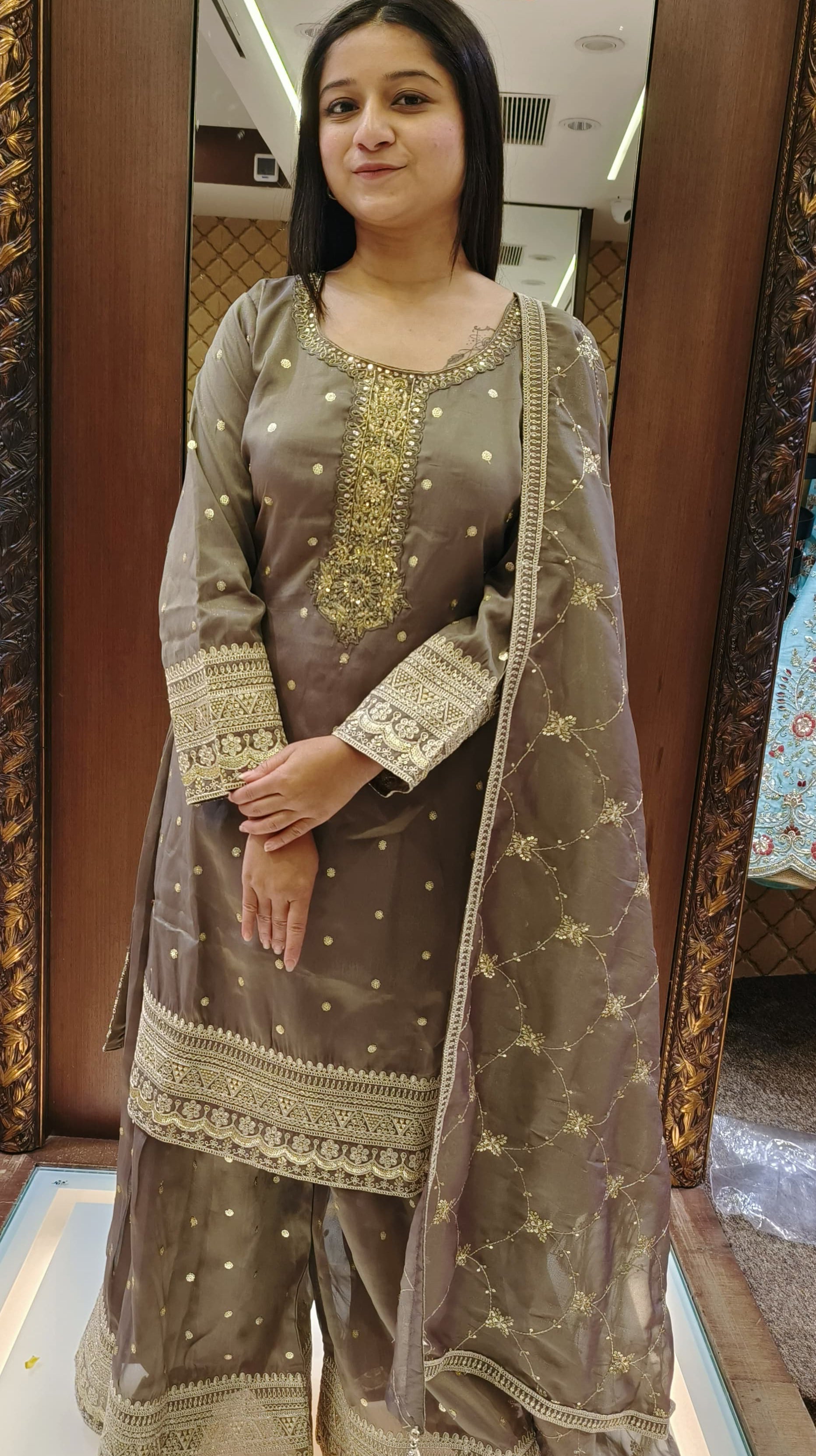 Mehndi Color Organza Hand Work Palazzo Suit
